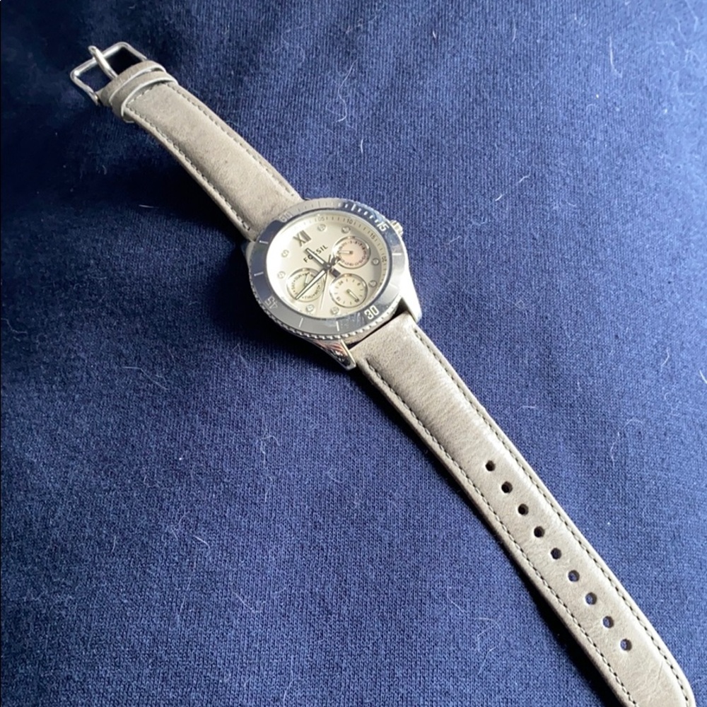 Fossil watch with grey leather band